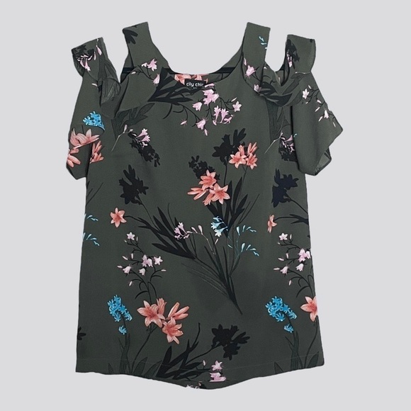 City Chic Gray Cold Shoulder Ruffle Jungle Floral Blouse Size 16 - Picture 1 of 9
